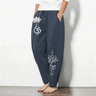 Buddha Stones Pure Cotton Zen Om Pattern Drawstring Men's Tapered Pants With Pockets - image 8