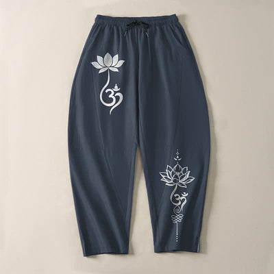 Buddha Stones Pure Cotton Zen Om Pattern Drawstring Men's Tapered Pants With Pockets - image 9