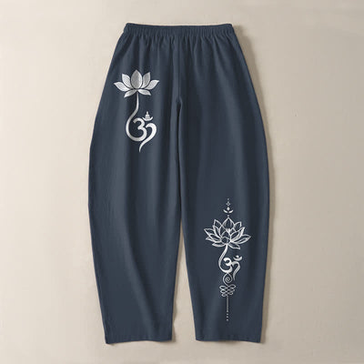 Buddha Stones Pure Cotton Zen Om Pattern Drawstring Men's Tapered Pants With Pockets - image 10