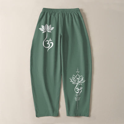 Buddha Stones Pure Cotton Zen Om Pattern Drawstring Men's Tapered Pants With Pockets - image 14