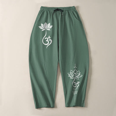 Buddha Stones Pure Cotton Zen Om Pattern Drawstring Men's Tapered Pants With Pockets - image 13