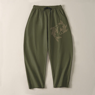Buddha Stones Pure Cotton Koi Fish Pattern Drawstring Men's Tapered Pants With Pockets - image 2