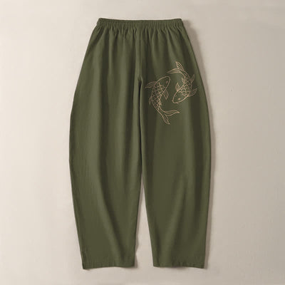 Buddha Stones Pure Cotton Koi Fish Pattern Drawstring Men's Tapered Pants With Pockets - image 3