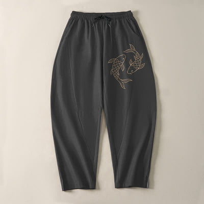 Buddha Stones Pure Cotton Koi Fish Pattern Drawstring Men's Tapered Pants With Pockets - image 9