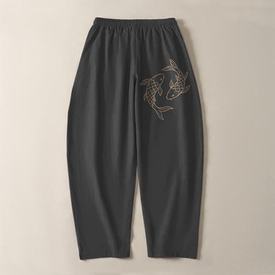 Buddha Stones Pure Cotton Koi Fish Pattern Drawstring Men's Tapered Pants With Pockets - image 10