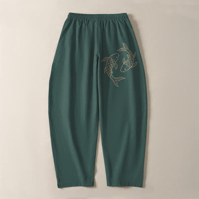 Buddha Stones Pure Cotton Koi Fish Pattern Drawstring Men's Tapered Pants With Pockets - image 14