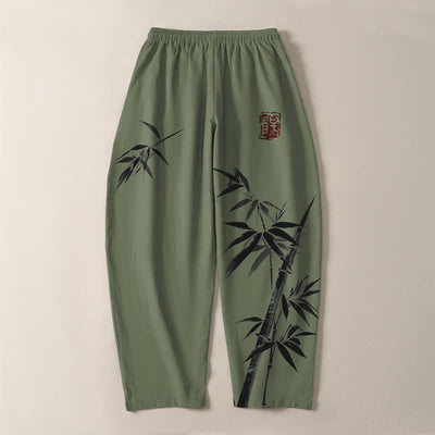 Buddha Stones Pure Cotton Oriental Ink Bamboo Pattern Drawstring Men's Tapered Pants With Pockets - image 10
