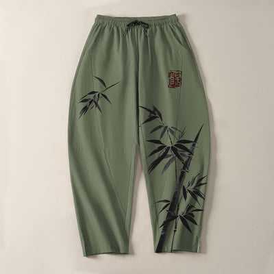 Buddha Stones Pure Cotton Oriental Ink Bamboo Pattern Drawstring Men's Tapered Pants With Pockets - image 9