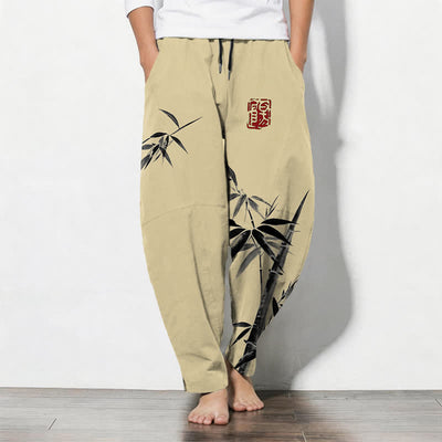 Buddha Stones Pure Cotton Oriental Ink Bamboo Pattern Drawstring Men's Tapered Pants With Pockets - PaleGoldenrod - US/UK/AU50，EU60 (5XL) - image 11