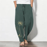 Foviel Pure Cotton Golden Lotus Cloud Pattern Drawstring Men's Tapered Pants With Pockets