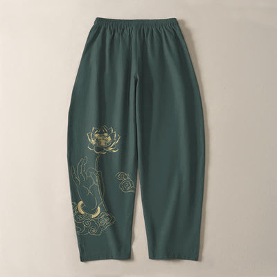 Buddha Stones Pure Cotton Golden Lotus Cloud Pattern Drawstring Men's Tapered Pants With Pockets - image 3