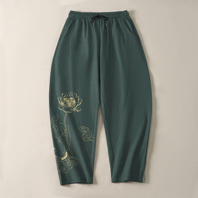 Buddha Stones Pure Cotton Golden Lotus Cloud Pattern Drawstring Men's Tapered Pants With Pockets - image 2