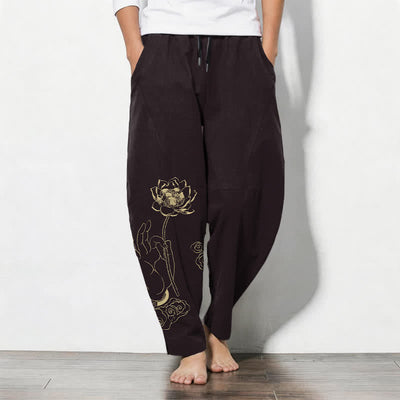 Buddha Stones Pure Cotton Golden Lotus Cloud Pattern Drawstring Men's Tapered Pants With Pockets - SaddleBrown - US/UK/AU50，EU60 (5XL) - image 7