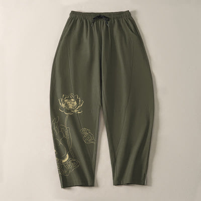 Buddha Stones Pure Cotton Golden Lotus Cloud Pattern Drawstring Men's Tapered Pants With Pockets - image 13