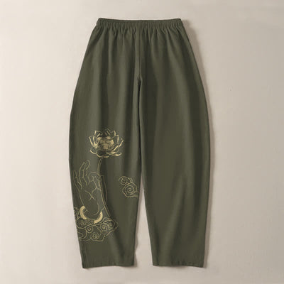 Buddha Stones Pure Cotton Golden Lotus Cloud Pattern Drawstring Men's Tapered Pants With Pockets - image 14