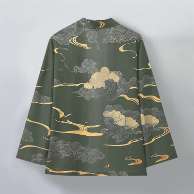 Buddha Stones Cotton Golden Cloud Pattern Open Front Men's Kimono - image 8