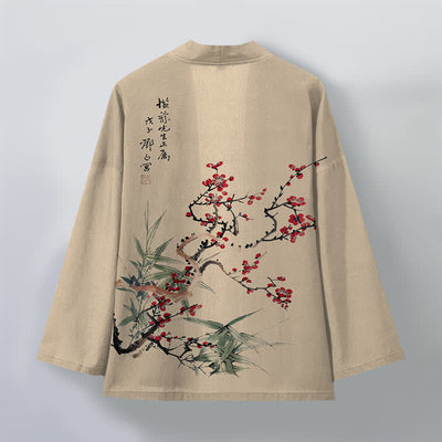 Buddha Stones Cotton Red Plum Bamboo Pattern Open Front Men's Kimono - image 2