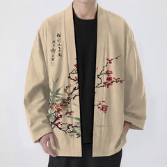 Buddha Stones Cotton Red Plum Bamboo Pattern Open Front Men's Kimono - Wheat - US/UK/AU48，EU58 (4XL) - image 0