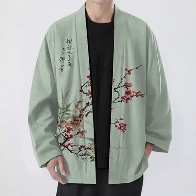 Buddha Stones Cotton Red Plum Bamboo Pattern Open Front Men's Kimono - DarkSeaGreen - US/UK/AU48，EU58 (4XL) - image 6