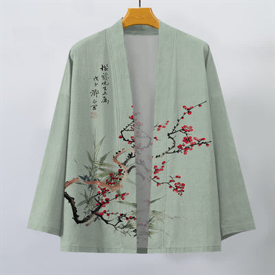 Buddha Stones Cotton Red Plum Bamboo Pattern Open Front Men's Kimono - image 7