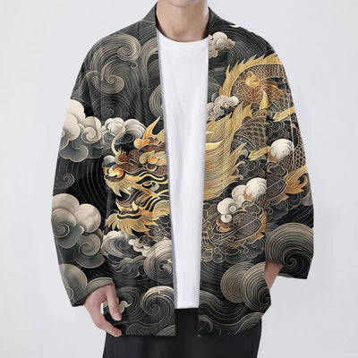 Buddha Stones Cotton Golden Dragon Cloud Pattern Open Front Men's Kimono - Black - US/UK/AU48，EU58 (4XL) - image 0