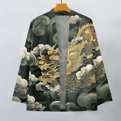 Buddha Stones Cotton Golden Dragon Cloud Pattern Open Front Men's Kimono - image 7