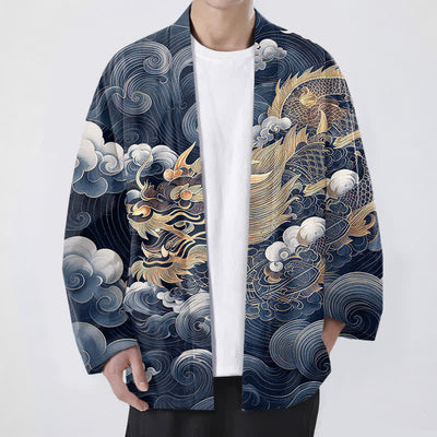 Buddha Stones Cotton Golden Dragon Cloud Pattern Open Front Men's Kimono - Navy - US/UK/AU48，EU58 (4XL) - image 9