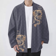 Buddha Stones Cotton Golden Dragon Geometric Circle Pattern Open Front Men's Kimono - SlateGray - US/UK/AU48，EU58 (4XL) - image 0