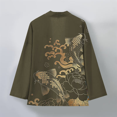Buddha Stones Cotton Golden Koi Floral Pattern Open Front Men's Kimono - image 2
