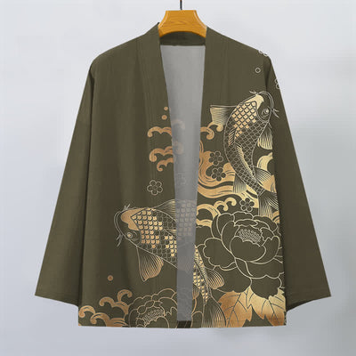 Buddha Stones Cotton Golden Koi Floral Pattern Open Front Men's Kimono - image 1