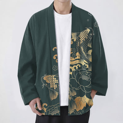 Buddha Stones Cotton Golden Koi Floral Pattern Open Front Men's Kimono - Teal - US/UK/AU48，EU58 (4XL) - image 6
