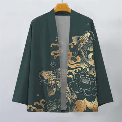 Buddha Stones Cotton Golden Koi Floral Pattern Open Front Men's Kimono - image 7