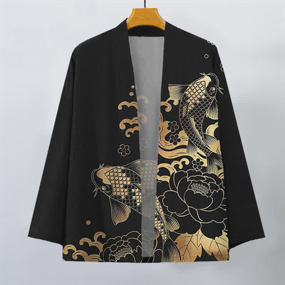 Buddha Stones Cotton Golden Koi Floral Pattern Open Front Men's Kimono - image 10