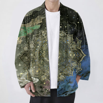 Buddha Stones Cotton Galactic Mandala Pattern Open Front Men's Kimono - DarkOliveGreen - US/UK/AU48，EU58 (4XL) - image 6