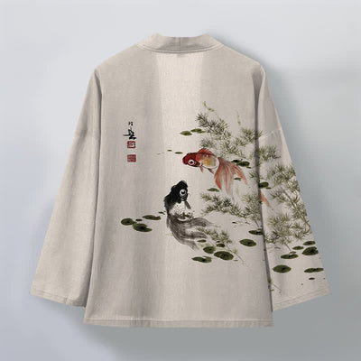 Buddha Stones Cotton Koi Lotus Ink Wash Pattern Open Front Men's Kimono - image 2