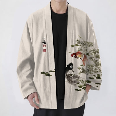 Buddha Stones Cotton Koi Lotus Ink Wash Pattern Open Front Men's Kimono - Beige - US/UK/AU48，EU58 (4XL) - image 0
