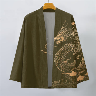 Buddha Stones Cotton Golden Dragon Cloud Wave Pattern Open Front Men's Kimono - image 1