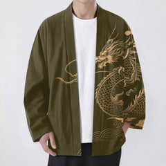 Buddha Stones Cotton Golden Dragon Cloud Wave Pattern Open Front Men's Kimono - Olive - US/UK/AU48，EU58 (4XL) - image 0
