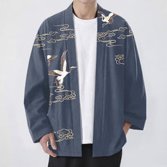 Buddha Stones Cotton White Crane Gold Cloud Pattern Open Front Men's Kimono - SteelBlue - US/UK/AU48，EU58 (4XL) - image 0