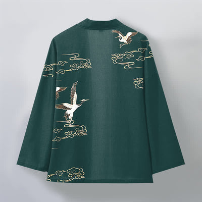 Buddha Stones Cotton White Crane Gold Cloud Pattern Open Front Men's Kimono - image 8