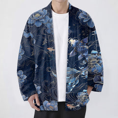 Buddha Stones Cotton Koi Lotus Flowing Waves Pattern Open Front Men's Kimono - Navy - US/UK/AU48，EU58 (4XL) - image 0