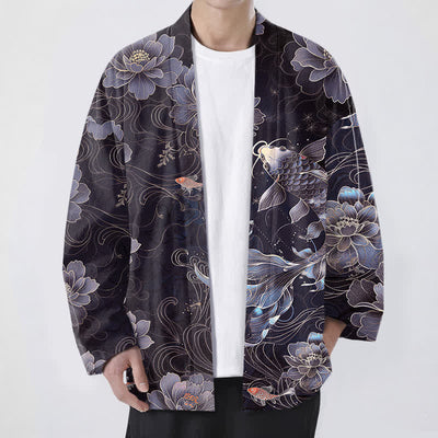 Buddha Stones Cotton Koi Lotus Flowing Waves Pattern Open Front Men's Kimono - DarkSlateBlue - US/UK/AU48，EU58 (4XL) - image 6