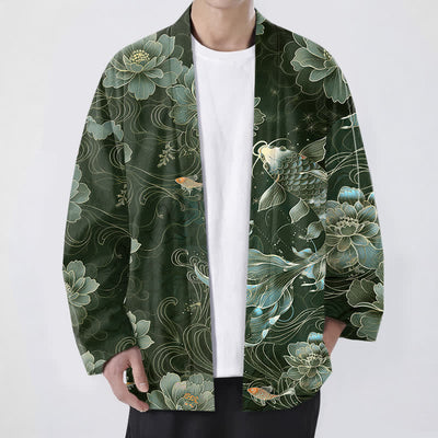 Buddha Stones Cotton Koi Lotus Flowing Waves Pattern Open Front Men's Kimono - DarkGreen - US/UK/AU48，EU58 (4XL) - image 9