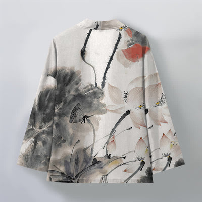 Buddha Stones Cotton Ink Lotus Pattern Open Front Men's Kimono - image 2