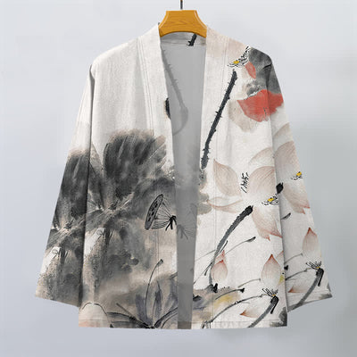 Buddha Stones Cotton Ink Lotus Pattern Open Front Men's Kimono - image 1