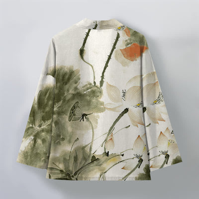 Buddha Stones Cotton Ink Lotus Pattern Open Front Men's Kimono - image 11