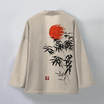 Buddha Stones Cotton Red Sun Bamboo Ink Pattern Open Front Men's Kimono - image 2