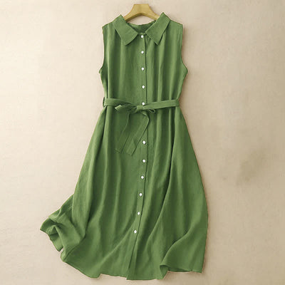 Buddha Stones Summer Plain Lace-up Button Front Design Lapel Sleeveless Knee Length Dress - ForestGreen - US12，UK/AU16，EU44 (2XL) - image 8