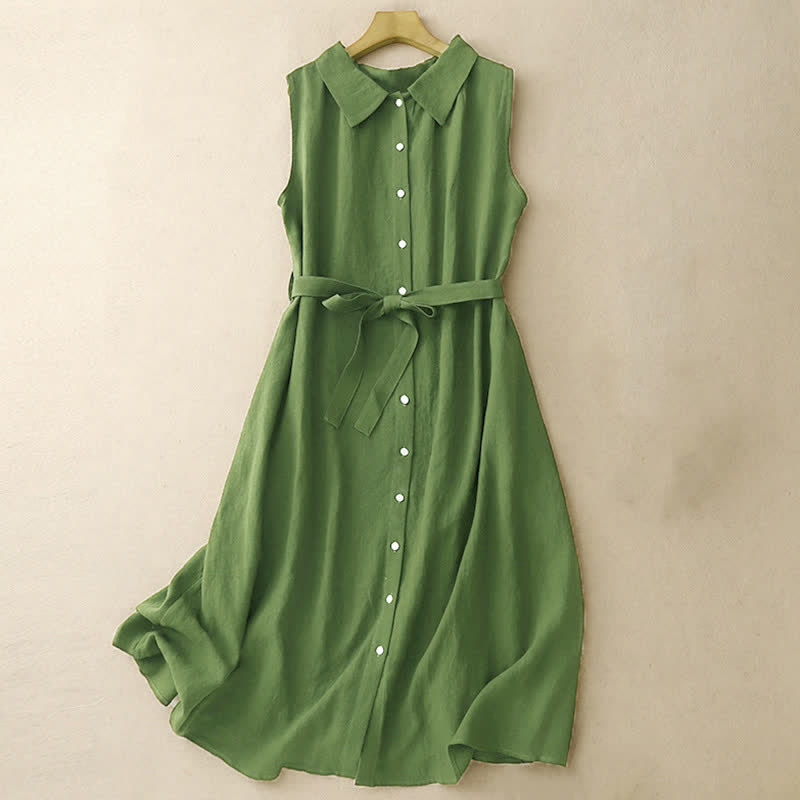 Buddha Stones Summer Plain Lace-up Button Front Design Lapel Sleeveless Knee Length Dress - ForestGreen - US12，UK/AU16，EU44 (2XL) - image 8