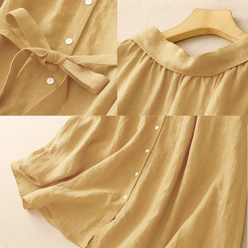 Buddha Stones Summer Plain Lace-up Button Front Design Lapel Sleeveless Knee Length Dress - image 7